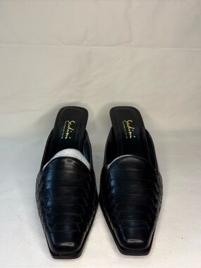 Sudini Black Woven Leather Slip-On Mules with Silver Accent